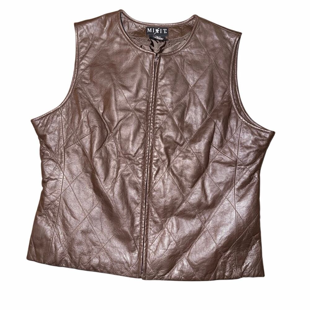Vintage mixit brown quilted leather zip vest plus size 16 dark academia autumn